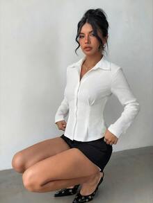 Aloruh Women's Solid Color Long Sleeve Single-Breasted Casual/Work Shirt - White - View 4