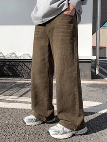 男童牛仔長褲，四季皆宜，柔軟棉質，休閒時尚百搭舒適，極簡風，彈性腰頭，經典五口袋設計，皮革貼布裝飾，寬鬆直筒寬腿版型，棕色水洗牛仔長褲，適合日常穿著與度假 - 棕色 - 查看 4