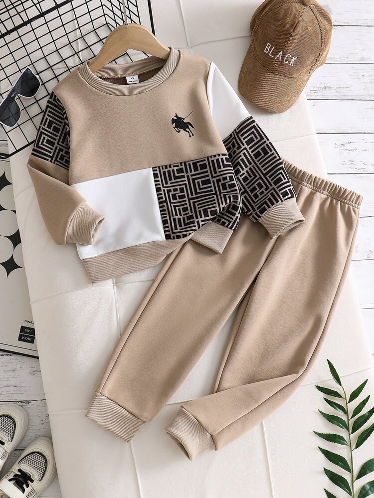 Genkimix Kids 2pcs/Set Young Boy Casual Sports Academy Street Style Cute Cool Color Block Graphic Print Sweatshirt + Pants, Suitable For Daily Wear, School, Outings, Sports, Spring/Autumn Seasons, Minimalist Design, Comfortable And Fashionable, Practical And Stylish Choice For Boys' Wardrobe - Khaki - View 4