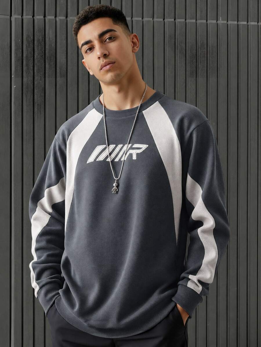 SHEIN Teen Boys' Winter Streetwear Casual Patchwork Contrast Color Embroidered Crew Neck Loose Pullover Fleece Autumn Sweatshirt For School,Sports & Daily - Dark Grey - View 1