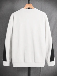 SHEIN 青少年男孩冬季街頭風休閒拼接撞色刺繡圓領寬鬆套頭抓絨衛衣，適合秋季校園、運動與日常穿著 - 白色 - 查看 2