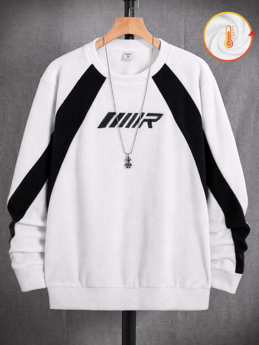 SHEIN Teen Boys' Winter Streetwear Casual Patchwork Contrast Color Embroidered Crew Neck Loose Pullover Fleece Autumn Sweatshirt For School,Sports & Daily - White - View 1