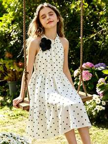 SHEIN Girls Elegant Polka Dot 3D Floral Decor, Vacation, Campus And V,Back To School,Academic - White - View 8