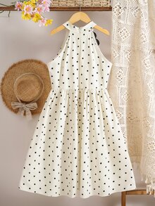 SHEIN Girls Elegant Polka Dot 3D Floral Decor, Vacation, Campus And V,Back To School,Academic - White - View 3
