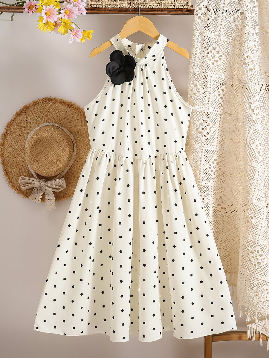 SHEIN Girls Elegant Polka Dot 3D Floral Decor, Vacation, Campus And V,Back To School,Academic