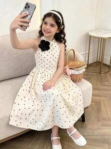SHEIN Girls Elegant Polka Dot 3D Floral Decor, Vacation, Campus And V,Back To School,Academic - White - View 7