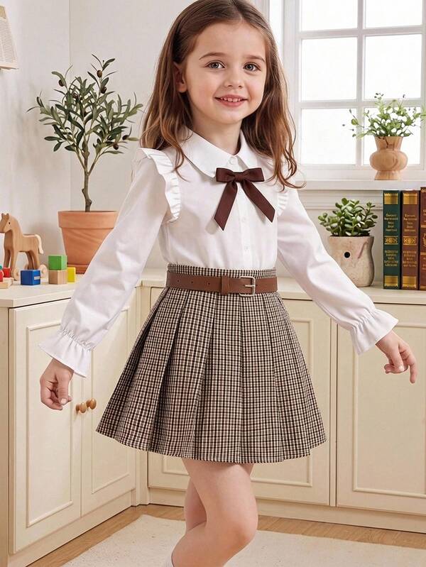 SHEIN Young Girl Young Girl Young Girl Fashion Plaid Pleated Mini Skirt, School Style