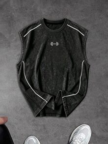Gym Rark Men's Barbell Print Casual Fitness Sports Tank Top, Gym - Black - View 3