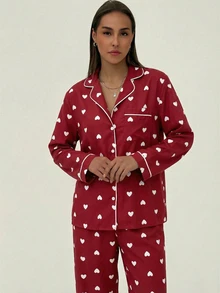 Aloruh Women's Red Heart Print Contrast Trim Long Sleeve Pants, Valentine's Day - Red - View 2