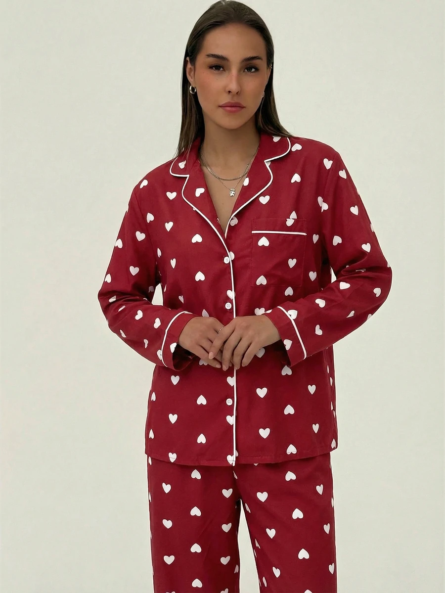 Aloruh Women's Red Heart Print Contrast Trim Long Sleeve Pants, Valentine's Day