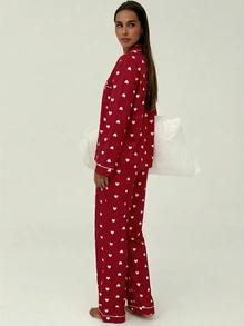 Aloruh Women's Red Heart Print Contrast Trim Long Sleeve Pants, Valentine's Day - Red - View 8