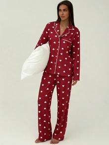 Aloruh Women's Red Heart Print Contrast Trim Long Sleeve Pants, Valentine's Day - Red - View 3
