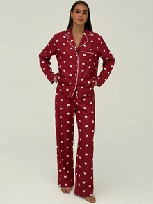 Aloruh Women's Red Heart Print Contrast Trim Long Sleeve Pants, Valentine's Day - Red - View 4