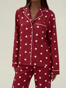 Aloruh Women's Red Heart Print Contrast Trim Long Sleeve Pants, Valentine's Day - Red - View 7