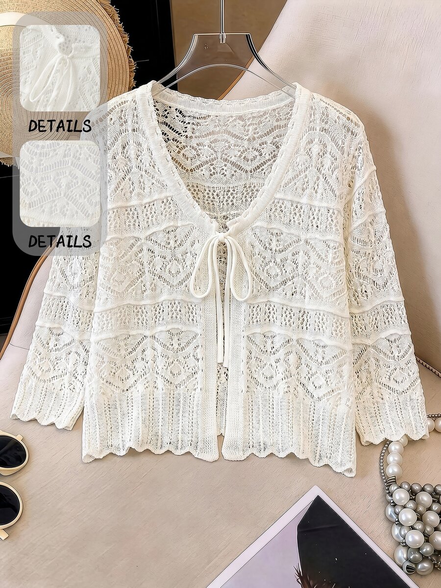 GlowEve CURVE Plus Size Elegant Hollow Out 3/4 Sleeve Round Neck Tie Bow Cardigan Autumn Dates Vacation Allover White - Beige - View 1