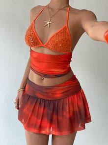 Aloruh Top estampado con parches de lentejuelas y minifalda de estilo bohemio para mujer, primavera/verano - Multicolor - Ver 8