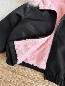 SHEIN 女嬰編織拼接色長袖連帽加厚填充冬季外套 - 彩色 - 查看 4