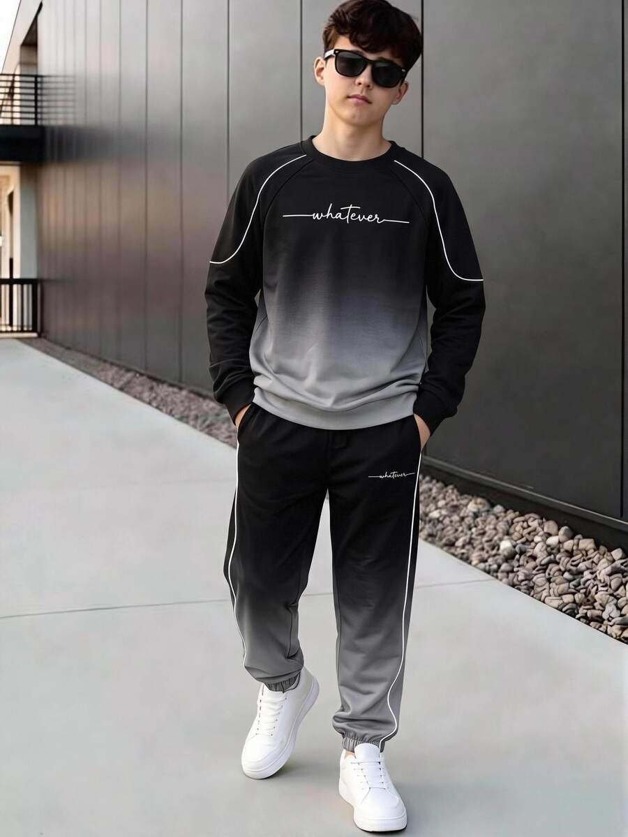 SHEIN 青少年秋冬長袖慢跑褲2件套,黑色至灰色漸層上衣搭配手寫英文印花與漸層慢跑褲,打造完美呼應的休閒青春穿搭 - 彩色 - 查看 1