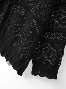 GlowEve CURVE Plus Size Elegant Hollow Out 3/4 Sleeve Round Neck Tie Bow Cardigan Fall - Black - View 5