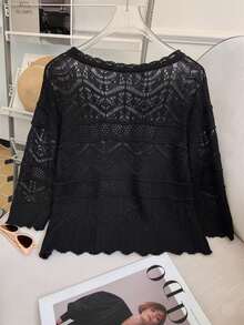 GlowEve CURVE Plus Size Elegant Hollow Out 3/4 Sleeve Round Neck Tie Bow Cardigan Fall - Black - View 2