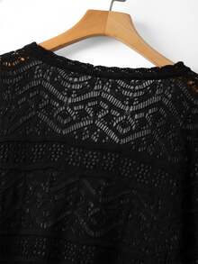 GlowEve CURVE Plus Size Elegant Hollow Out 3/4 Sleeve Round Neck Tie Bow Cardigan Fall - Black - View 6