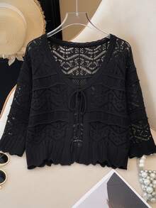 GlowEve CURVE Plus Size Elegant Hollow Out 3/4 Sleeve Round Neck Tie Bow Cardigan Fall - Black - View 3