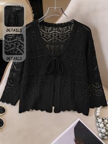 GlowEve CURVE Plus Size Elegant Hollow Out 3/4 Sleeve Round Neck Tie Bow Cardigan Fall - Black - View 1