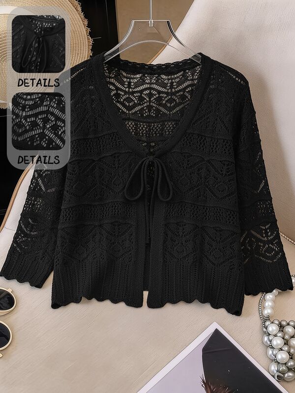 GlowEve CURVE Plus Size Elegant Hollow Out 3/4 Sleeve Round Neck Tie Bow Cardigan Fall