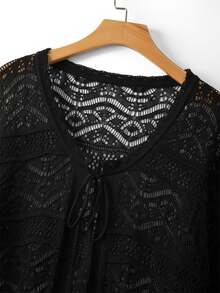 GlowEve CURVE Plus Size Elegant Hollow Out 3/4 Sleeve Round Neck Tie Bow Cardigan Fall - Black - View 8