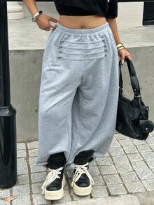 Muchica Plus Size Women Solid Color Elastic Waist Button Design Wide Leg Loose Long Pants - Grey - View 3