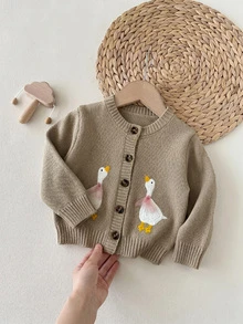 SHEIN Baby Girl Cartoon Pattern Single-Breasted Casual Daily Outing Autumn Winter Cardigan - Khaki - View 4