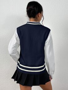SHEIN PariChic 女士休闲撞色边宽肩带针织毛衣背心，秋季 - 寶藍色 - 查看 2