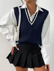 SHEIN PariChic 女士休闲撞色边宽肩带针织毛衣背心，秋季 - 寶藍色 - 查看 5