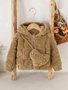 SHEIN Baby Girl Knitted Solid Color Heart Pattern Fleece Hooded Jacket With Crossbody Bag 2pcs Set, Thick Fleece Lined For Winter - Brown - View 8