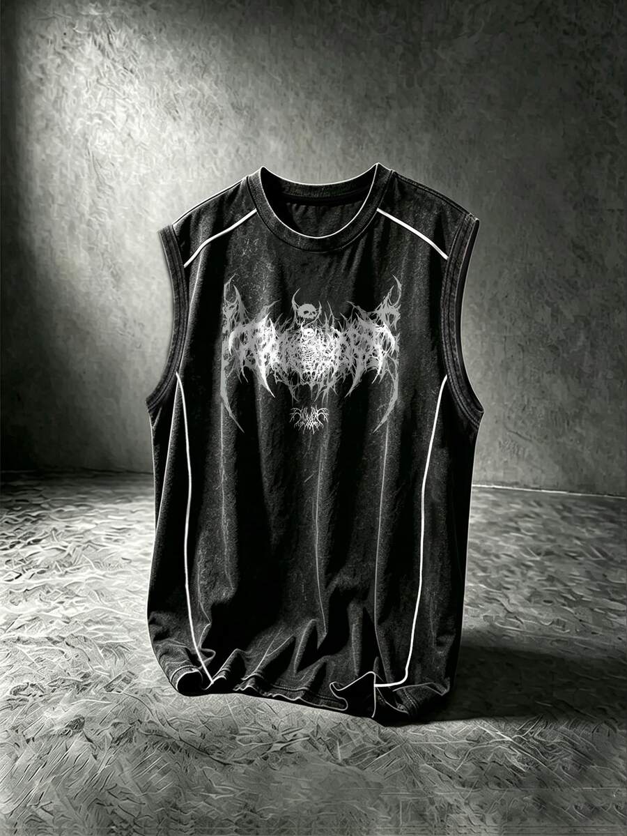 Sport MetroGents Men's Skull Print Crew Neck Casual Fitness Sports Tank Top, Gym - Black - View 1