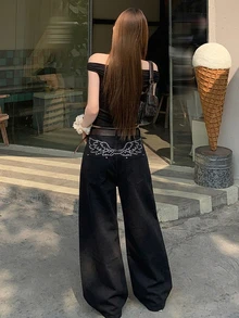 DAZY Women's Loose Embroidered Korean Style Washed Denim Jeans, Versatile For Spring And Summer Cute Tops - Black - View 4