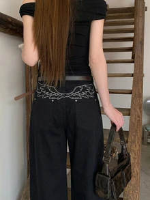 DAZY Women's Loose Embroidered Korean Style Washed Denim Jeans, Versatile For Spring And Summer Cute Tops - Black - View 3