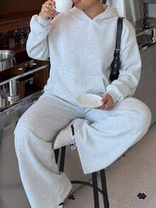 Muchica Plus Size Women's Solid Color Hooded Long Sleeve Sweatshirt And Sweatpants Casual Daily 2 Pieces Set Winter - Light Grey - View 3