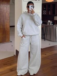 Muchica Plus Size Women's Solid Color Hooded Long Sleeve Sweatshirt And Sweatpants Casual Daily 2 Pieces Set Winter - Light Grey - View 1