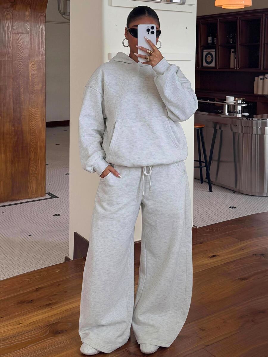 Muchica Plus Size Women's Solid Color Hooded Long Sleeve Sweatshirt And Sweatpants Casual Daily 2 Pieces Set Winter - Light Grey - View 1