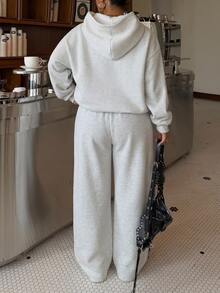 Muchica Plus Size Women's Solid Color Hooded Long Sleeve Sweatshirt And Sweatpants Casual Daily 2 Pieces Set Winter - Light Grey - View 2