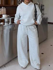 Muchica Plus Size Women's Solid Color Hooded Long Sleeve Sweatshirt And Sweatpants Casual Daily 2 Pieces Set Winter - Light Grey - View 6