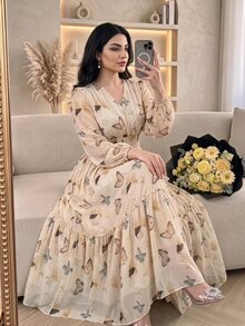 Modelyn 大尺碼女款蝴蝶印花抓皺長袖抓皺腰身洋裝 - 彩色 - 查看 3