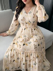 Modelyn 大尺碼女款蝴蝶印花抓皺長袖抓皺腰身洋裝 - 彩色 - 查看 1