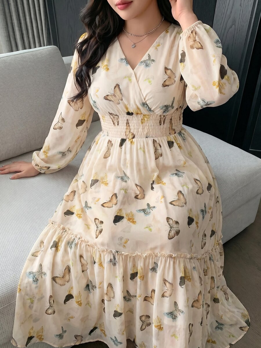 Modelyn 大尺碼女款蝴蝶印花抓皺長袖抓皺腰身洋裝 - 彩色 - 查看 1
