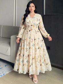 Modelyn 大尺碼女款蝴蝶印花抓皺長袖抓皺腰身洋裝 - 彩色 - 查看 7