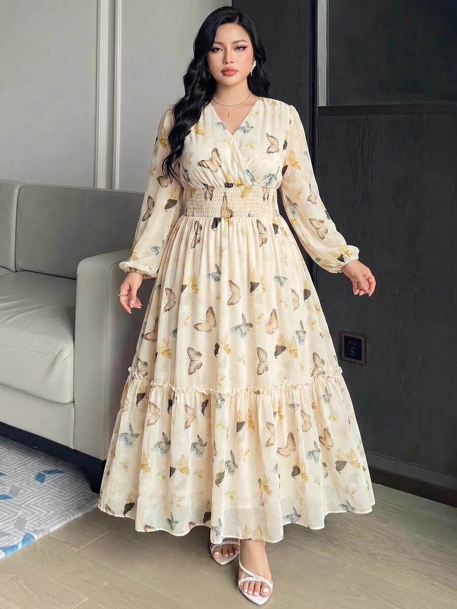 Modelyn 大尺碼女款蝴蝶印花抽褶長袖抽腰洋裝 米色秋季浪漫優雅派對正式約會穿搭 - 彩色 - 查看 1