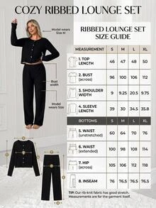 SHEIN Cottnline Contrast Trim Button Front Ribbed Lounge Set, Casual - Black - View 7