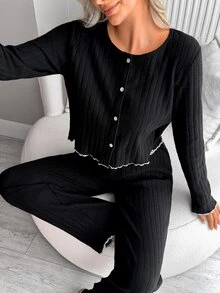SHEIN Cottnline Contrast Trim Button Front Ribbed Lounge Set, Casual - Black - View 5