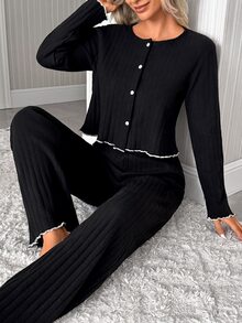 SHEIN Cottnline Contrast Trim Button Front Ribbed Lounge Set, Casual - Black - View 3